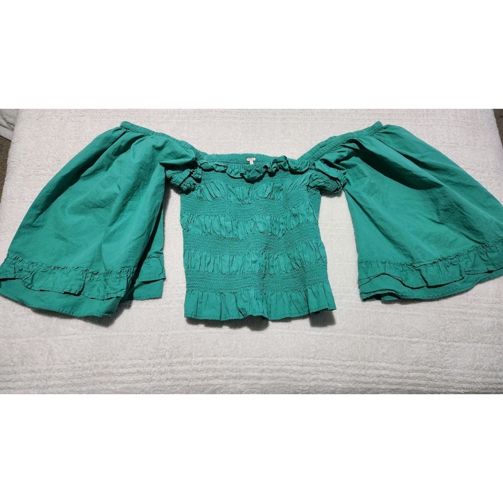 Free People Free Spirit Off The Shoulder Bell Sleeve Blue Top Sz L‎ Smocked